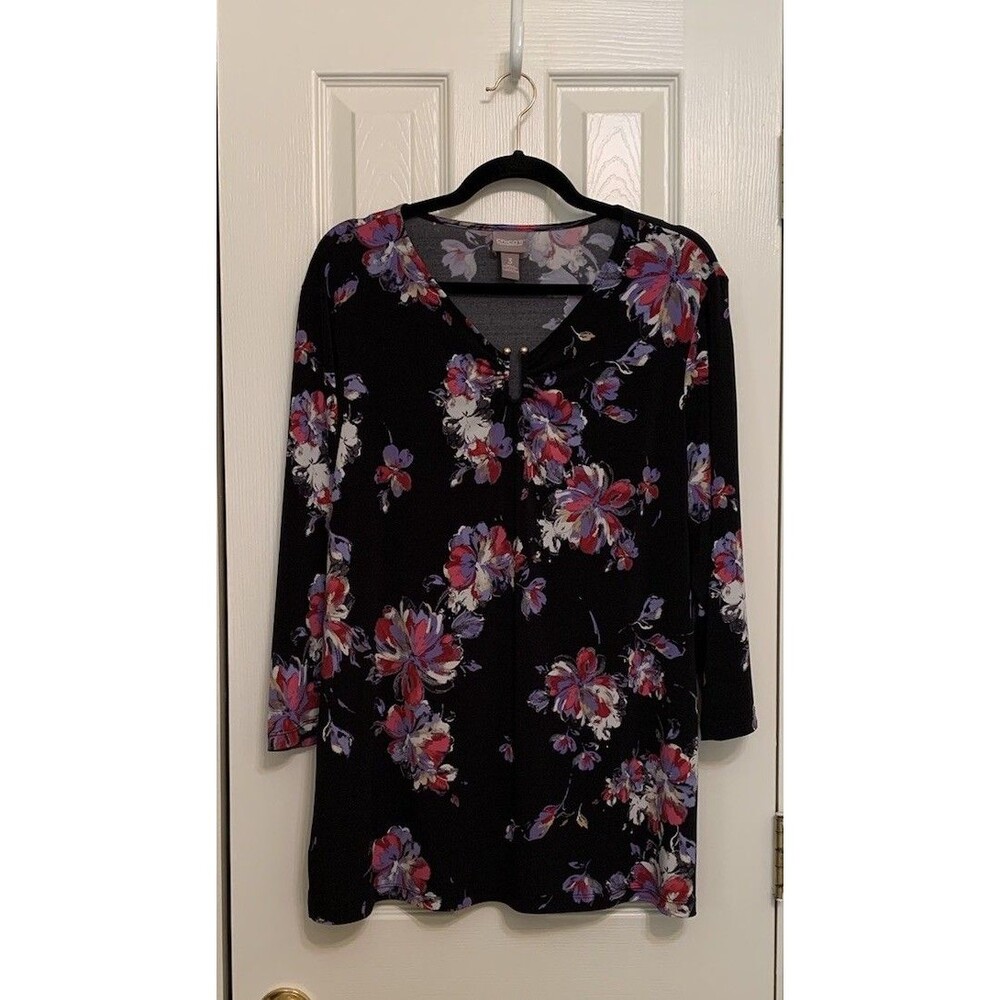 Chicos Size 3 Womens XL Top Black Floral V Neck Tunic Stretch 3/4 Sleeves